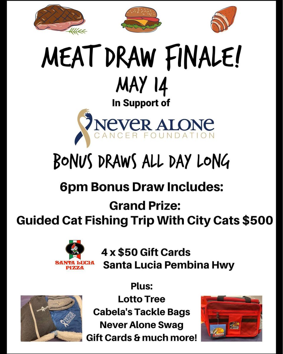 theNobBar's tweet image. Come join us today @theNobBar and help support the @NeverAloneFnd with the last meat draw until the fall!! Draws  at 4,5,6pm with bonus draws including a guided cat fishing trip, gift certificates and more !!