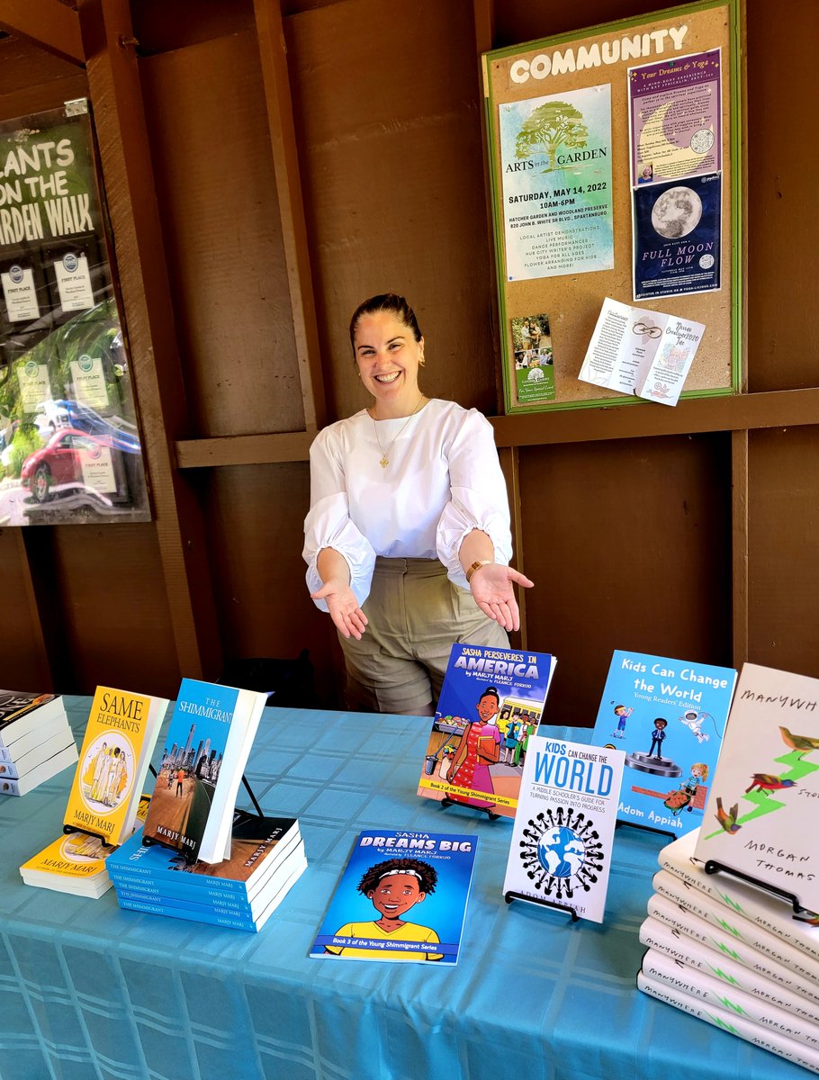 ThisMarjyMarj's tweet photo. Thanks to @HubCityBookshop for showcasing my books at Hatcher Garden's Arts in the Garden!
#shimmigrant #theshimmigrant #SameElephants #books #RepresentationMatters https://t.co/XQPyKAUzCR