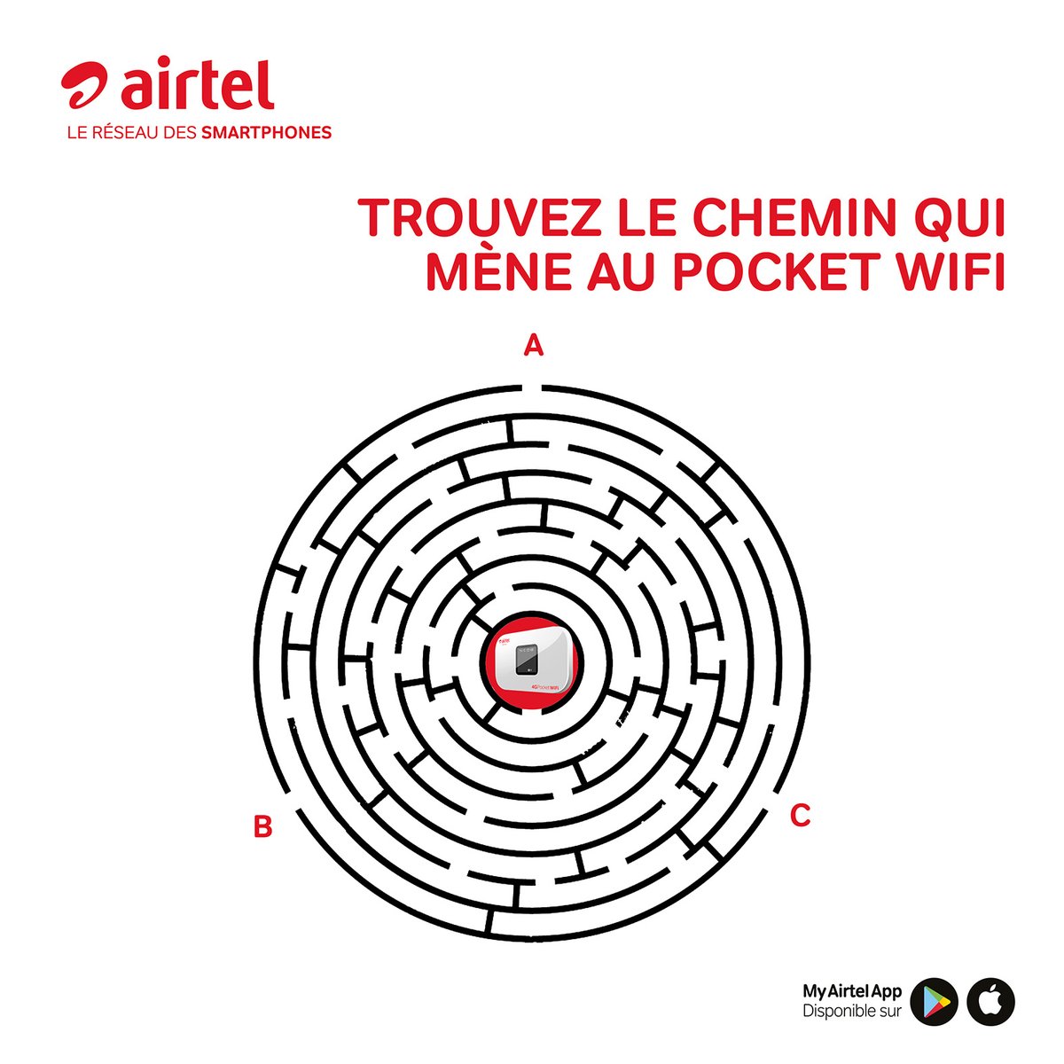 airtelniger's tweet photo. Hello Hello La famille !😎
On est toujours dans le mois du travail et on aimerait vous faire travailler un peu ce weekend avec ce jeu de labyrinthe.🤓
Il existe un petit chemin qui mène à ce mini Pocket Wifi 4G, mais lequel est-ce?🎲
#AirtelNiger #InstantJeu https://t.co/FAJhdgo767