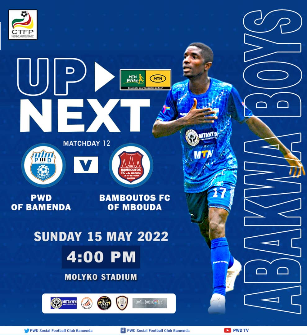 pwd_bamenda's tweet photo. Up Next for PWD!
๐#EliteOne
โฝ๏ธ PWD vs Bamboutos
๐First Team
๐๏ธ Sunday 15 May, 2022
๐ Molyko stadium
๐16h00
#PWD
#ABAKWABOYS๐
#PWDBAM https://t.co/b3N4zpV0js