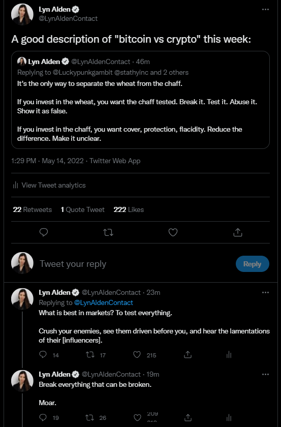 LynAldenContact's tweet photo. Imagine making an iPhone, and then twenty thousand imitators make a buggy knock-off fake iPhone with a glued-on Apple symbol, that doesn't work properly. 

That's "Bitcoin vs crypto". 

Test everything. Break everything that can be broken. https://t.co/Mi6nkjWWUY