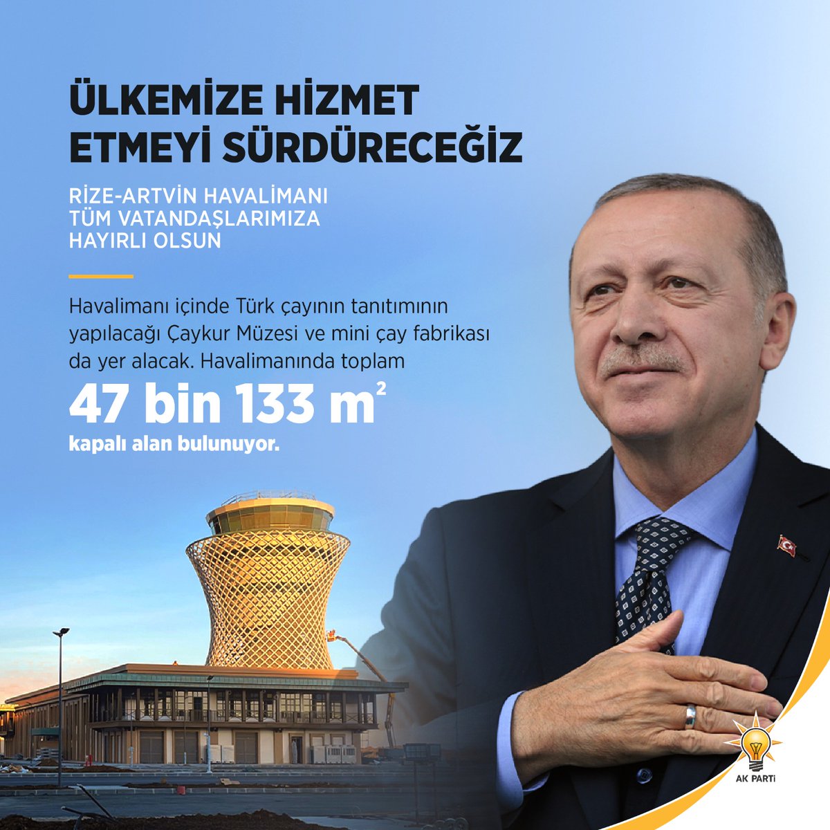 Rize Artvin Havalimanı 
▪ 3 milyon metrekare alanda inşa edildi
▪ 45 m genişlik ve 3 bin m uzunluğunda piste sahip
▪ Yıllık 3 milyon yolcu kapasitesine sahip
▪ 47 bin metrekare kapalı alan mevcut.
Yaparsa Ak Parti yapar 

#RizeArtvinHavalimanı
<a href="/GucluTRofficial/">GÜÇLÜ TÜRKİYE 🇹🇷</a>