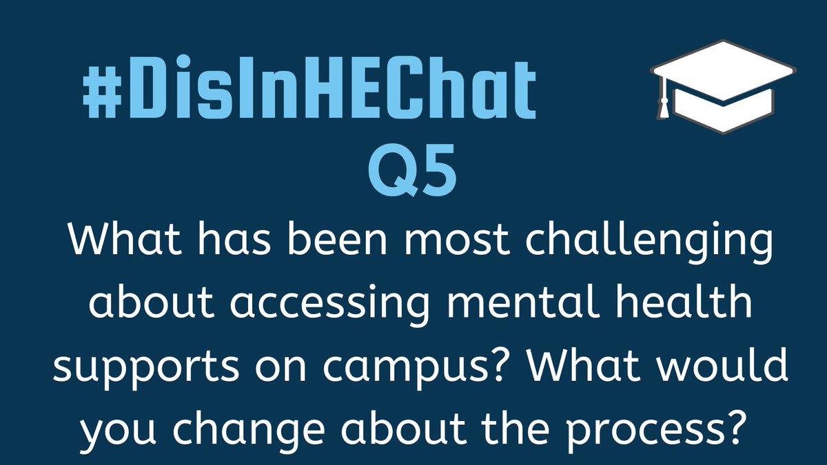 DisInHigherEd's tweet image. Q5: What has been most challenging about accessing mental health supports on campus? What would you change about the process?

Use #DisInHEChat in your responses. To submit an anonymous answer, please DM us. Feel free to answer questions at your own pace. #DisInHigherEd