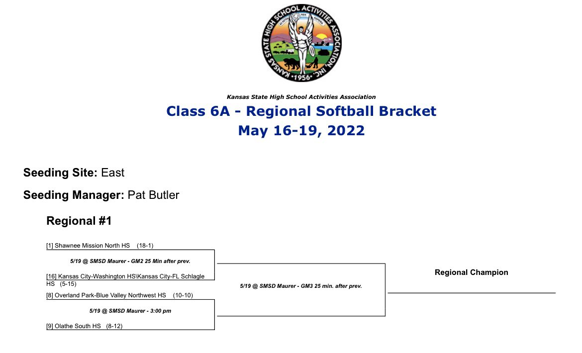 Softball_OSHS's tweet photo. •• REGIONAL SCHEDULE ••

Thursday, May 19th 
@ SMSDC 

3:00pm BVNW vs. Olathe South 
4:30pm SMN vs. KC Washington/Schlagle 
6:00pm Regional Championship 

#EarnIt 
#CheckIn 
#7Innings
#AlwaysPlayToWin  
#PlayFearlessly
#ItsMoreThanAGame https://t.co/cFFSjYtO2L