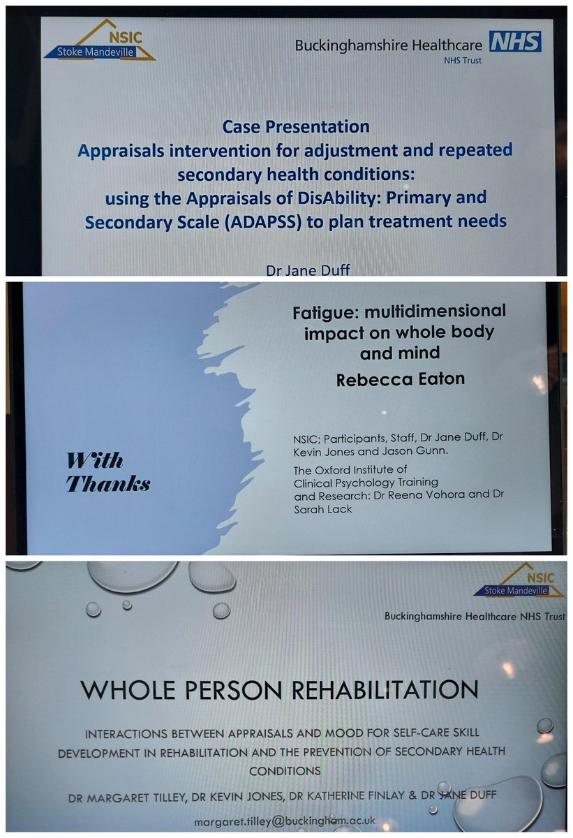 Well done to the <a href="/NSICStokeMand/">The National Spinal Injuries Centre</a> Department of Clinical Psychology <a href="/BucksHealthcare/">Buckinghamshire Healthcare NHS Trust</a> to share 3 separate studies &amp; research we've done/supervised <a href="/ESPAspinal/">European Spinal Psychologists Association (ESPA)</a>. Thanks to Rebecca Eaton <a href="/oxicpt/">Oxford Institute of Clinical Psychology Training</a> &amp; <a href="/SMSNACGoalPlan/">Stoke Mandeville Spinal NAC and Goal Planning Prog</a> collaborators Margaret Tilley and <a href="/kafpsych/">Dr Katherine Finlay</a>, Unis Buckingham &amp; Reading
