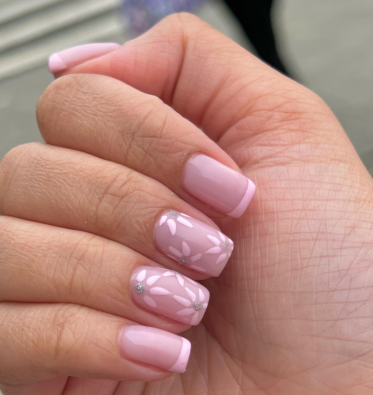 Baby pink nails with a white leaf | Pink glitter nails, Gel nails, Pink  nails