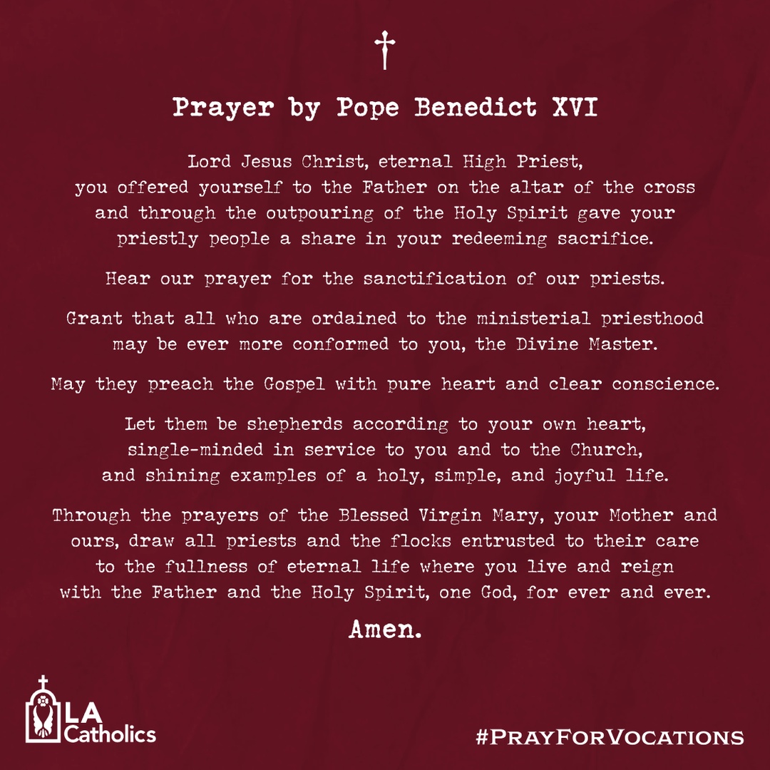 lacatholics's tweet photo. We ask Jesus, the eternal high priest, to give us faithful shepherds of pure heart and clear conscience to lead us to him. #Pray4Vocations #LAVocations https://t.co/JbEMAWGlUH
