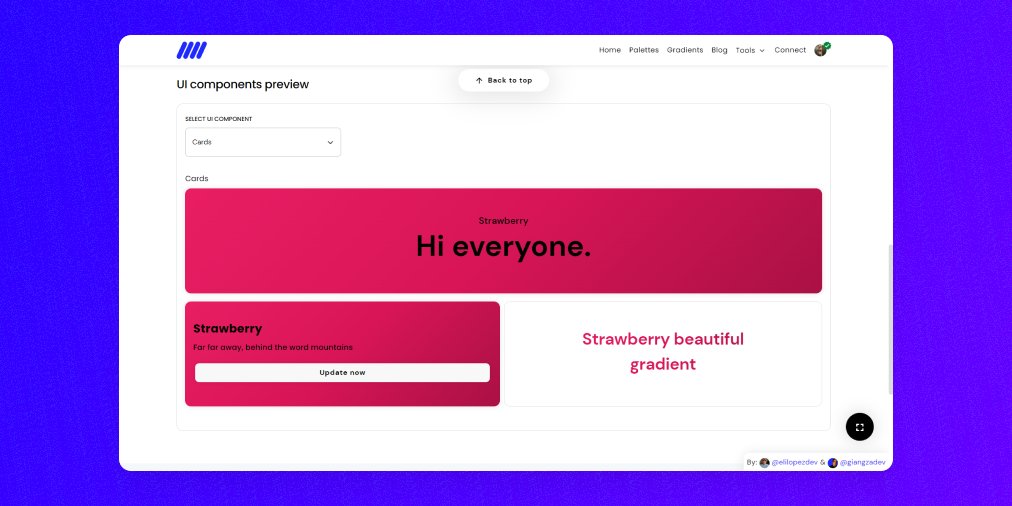 giangzadev's tweet photo. Every gradient page has a UI components preview, where you can see how the gradient looks applied to buttons, cards, and text. 
I'm planning to add more components and change the user interface. 
What components could be suitable to add? Charts? Chips/Badges? Navbars? https://t.co/ZLlqEySgqE