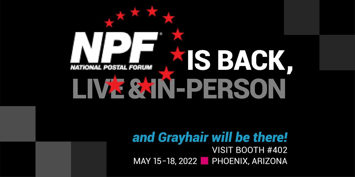 GrayHairLLC's tweet photo. Tomorrow kicks off #NPF2022. Our experts are hosting speaking sessions on cloud platforms, UAA Mail, #Informedvisibility, and customer satisfaction. Stop by booth #402 and discover why postal data is the newfound hero.    https://t.co/Ffd3V9NepX https://t.co/hpJYRviIZL