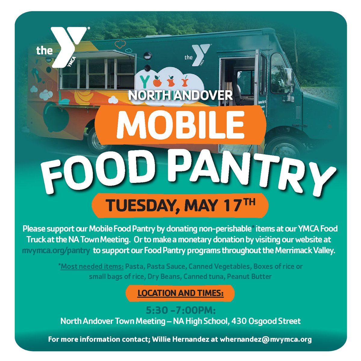 MVYMCA's tweet photo. The MV YMCA Mobile Food Pantry will be collecting non-perishable food items on May 17th at the North Andover Town Hall Meeting.  Please stop by and show your support or to make a monetary donation, visit us at   https://t.co/ERwQebQWfG. https://t.co/sedkpD78Hk