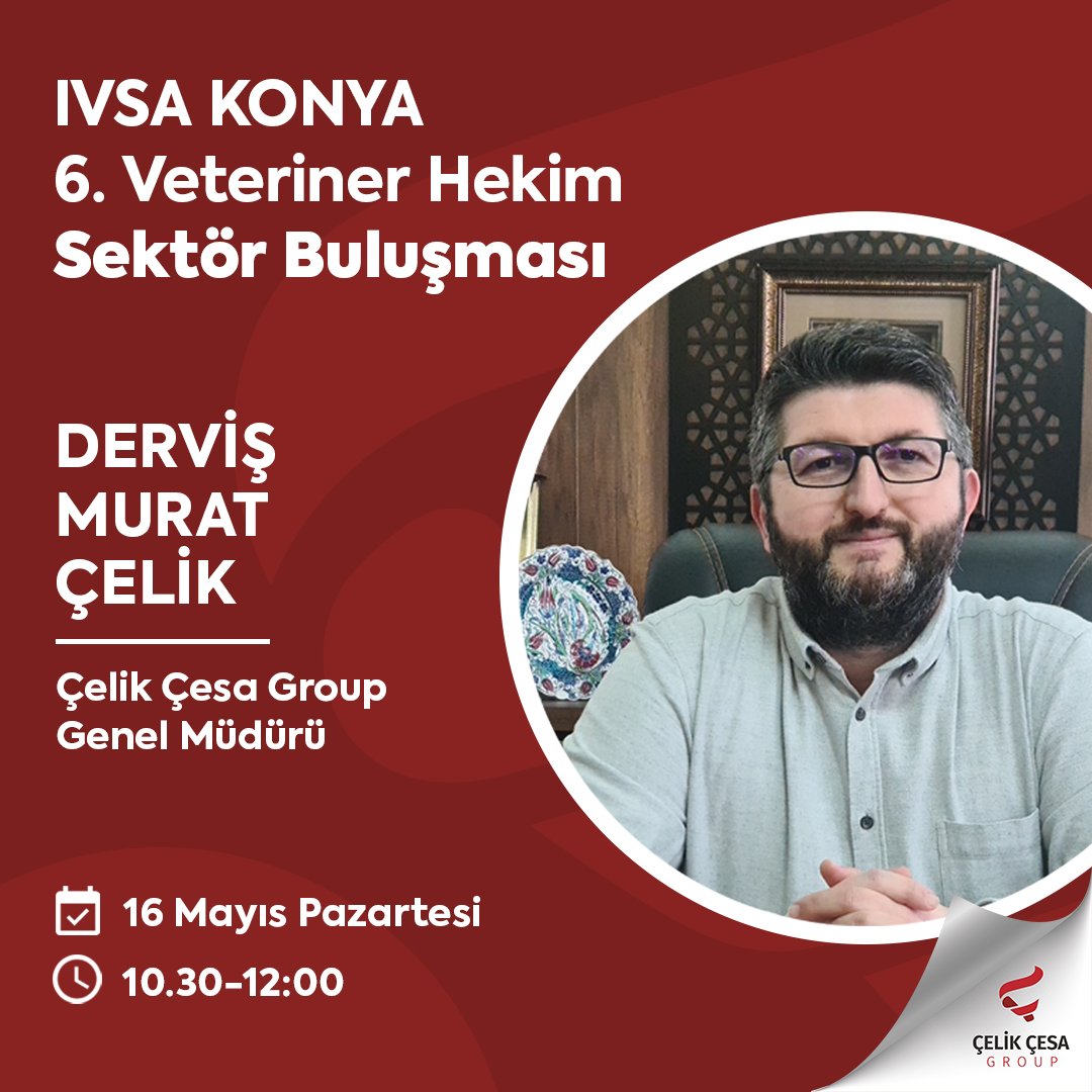 celikcesagroup's tweet photo. 📌IVSA Konya 6.Veteriner Hekim Sektör Buluşması etkinliğinde Genel Müdürümüz Sn. Derviş Murat Çelik; sektör deneyimlerini veteriner hekim adayı genç meslektaşları ile paylaşacak. Sunum instagram hesabımız üzerinden canlı yayınlanacaktır.

#celikcesagroup #ivsa https://t.co/NNLz6BfPFM