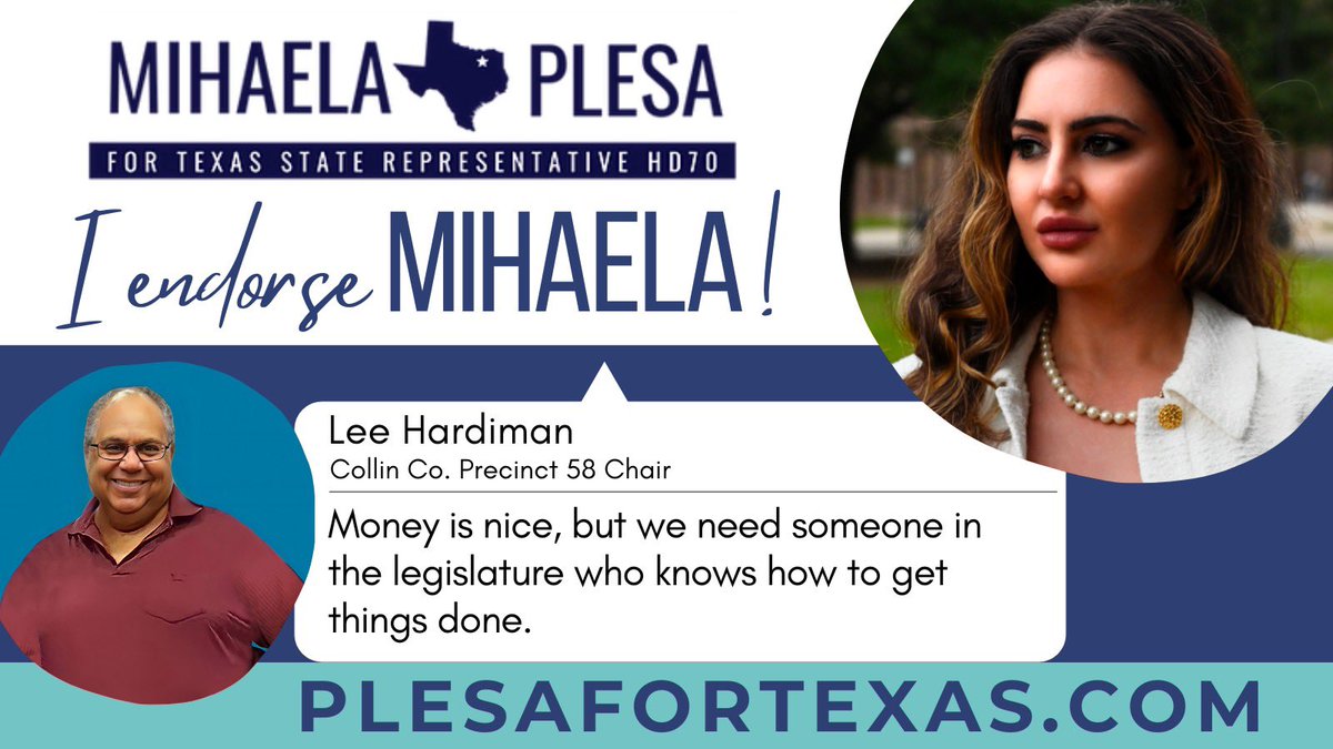 plesafortexas's tweet photo. As a longtime activist & PC, Lee Hardiman has been instrumental in working to turn Collin Co blue. He's been watching this race for months & appreciates our message of results over rhetoric. Welcome to #TeamMihaela, Lee!
#CommunityCandidate #ExperienceMatters #HD70 #Grassroots https://t.co/rC8dvAlleW