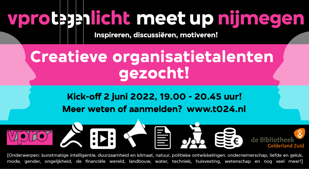 #Vpro #Tegenlicht #Nijmegen #t024 zoekt creatieve organisatietalenten voor inspirerende #meetups! Kick-off op do. 2 juni, pilot in bibliotheek Mariënburg op 30 juni. Doe mee, zegt het voort! Meer info: t024.nl <a href="/bieb024/">Bibliotheek Gelderland Zuid</a>