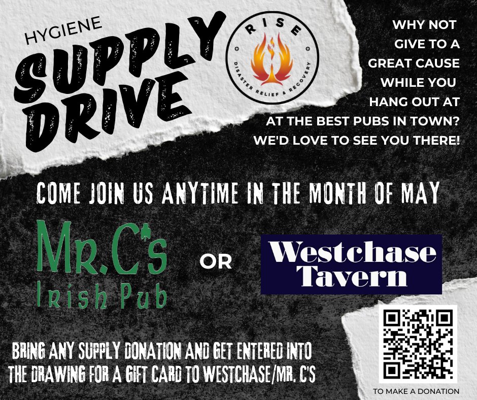 RiseRelief's tweet photo. Scan the code to donate to the Houston Supply Drive. #riseteam.org #RISEteam #supplydrive #HoustonStrong #MrCs #WestchaseTavern https://t.co/l0Kxy6zXSn