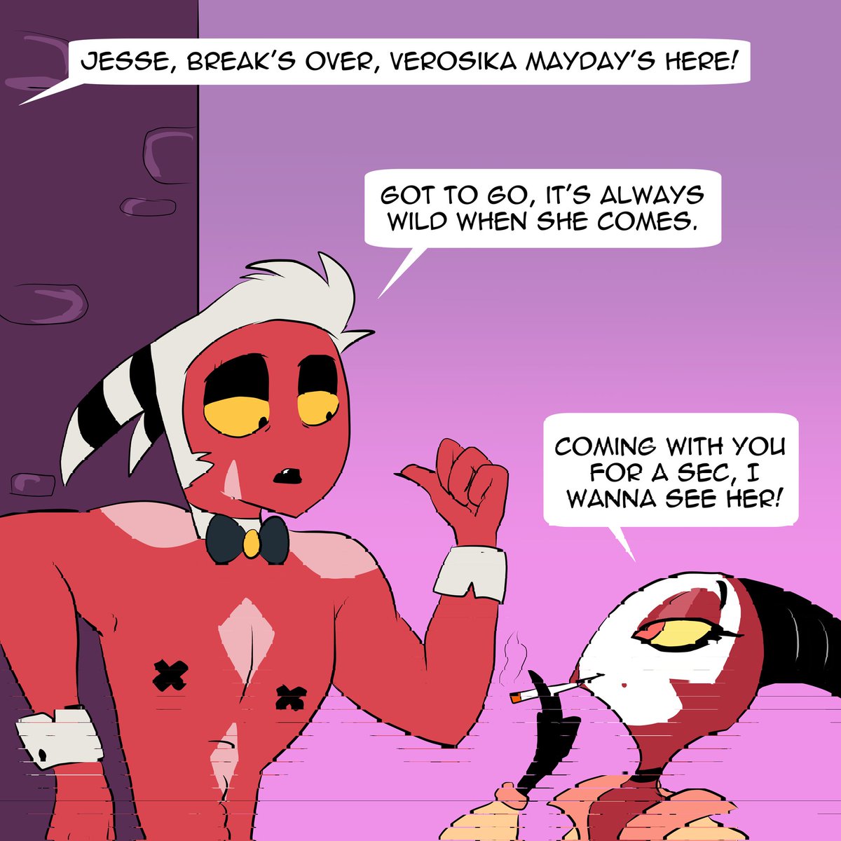 AudreyCosmo's tweet photo. At last something for Day 3 of #mayfordweek (fame/PDA). I'm so super late (also, comic, as usual 😅)
This is also an excuse to draw Jesse and Lithe cause they're awesome, and Verosika's first outfit.
#HelluvaBoss #HelluvaBossFanart #vivziepop #verosika #jesseishot https://t.co/d6iALJAzH6