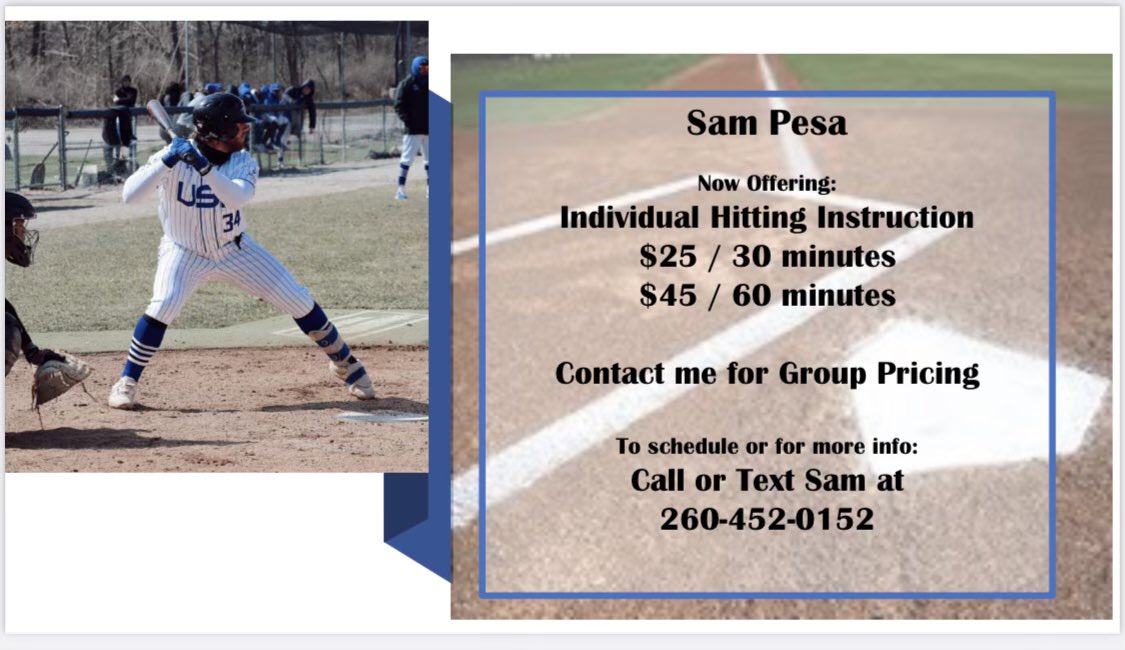 Sam Pesa (@pesa_sam) on Twitter photo If you or someone you know is interested feel free to reach out to my number below or DM me here on Twitter. Will train any age. I will accept cash, checks, and venmo. <a href="/USFBaseballCoug/">USF Cougar Baseball</a> <a href="/DwengerBishop/">Bishop Dwenger Baseball</a> <a href="/260atBat/">At Bat in the Summit City</a> If you or someone you know is interested feel free to reach out to my number below or DM me here on Twitter. Will train any age. I will accept cash, checks, and venmo. <a href="/USFBaseballCoug/">USF Cougar Baseball</a> <a href="/DwengerBishop/">Bishop Dwenger Baseball</a> <a href="/260atBat/">At Bat in the Summit City</a>
