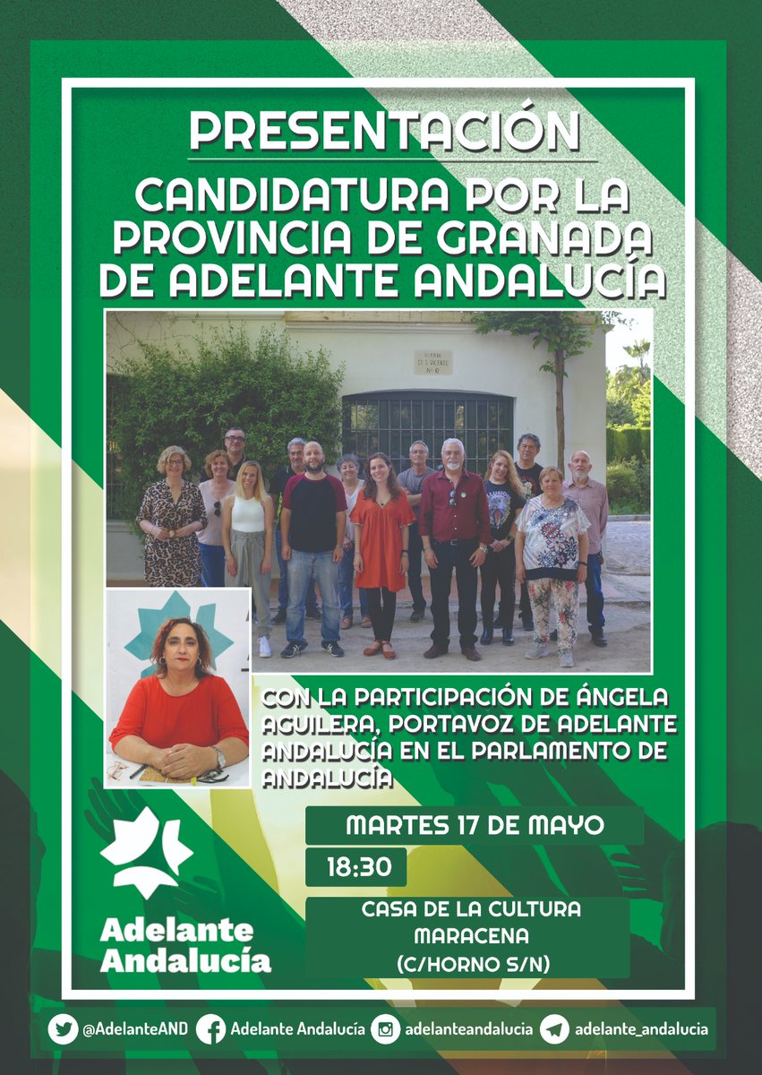 Este martes estaremos presentando nuestra candidatura para las andaluzas en la Casa de la Cultura de Maracena, con la participación de nuestra compañera <a href="/AguilerAngela_/">Ángela Aguilera</a>. Por una Andalucía feminista, solidaria, acogedora, fuerte, luchadora y unida.  
#AdelanteAndalucia