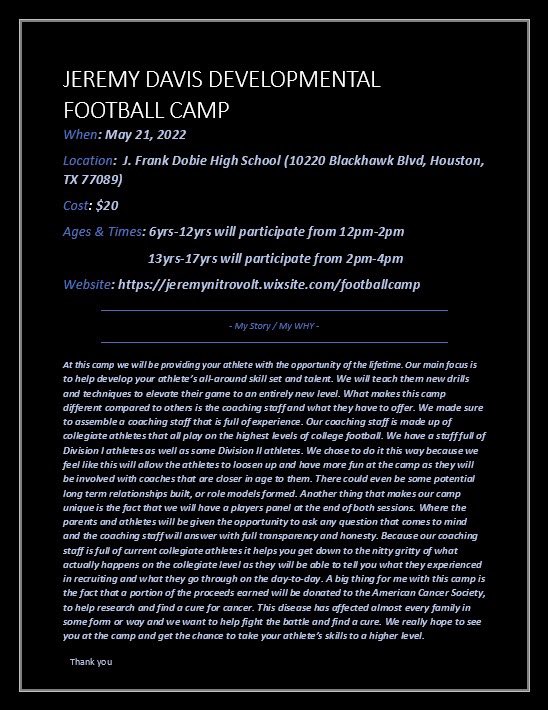 Jeremy_Davis1's tweet photo. Blessed to be in this position. Hey guys I’m doing my first ever football camp. Come get the opportunity to grow your talent and knowledge of the game from some great college players. Get registered at https://t.co/E4vgEhSq9t https://t.co/EKDx3Ui5DS