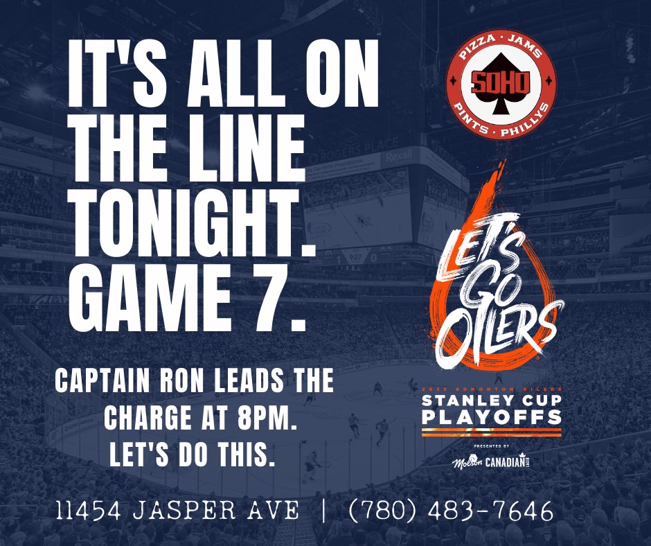 bigshowcanada's tweet photo. Game 7 of 7. It's all on the line! Oilers tonight at 8PM.
Powerhouse live right after the game. 

$10 Burger + Beer
$4.75 Canadian &amp; Coors Light

#sohoyeg #playoffs #edmontonoilers #oilers #yegfood #yegevents #yegbars https://t.co/uUVGFJedCP