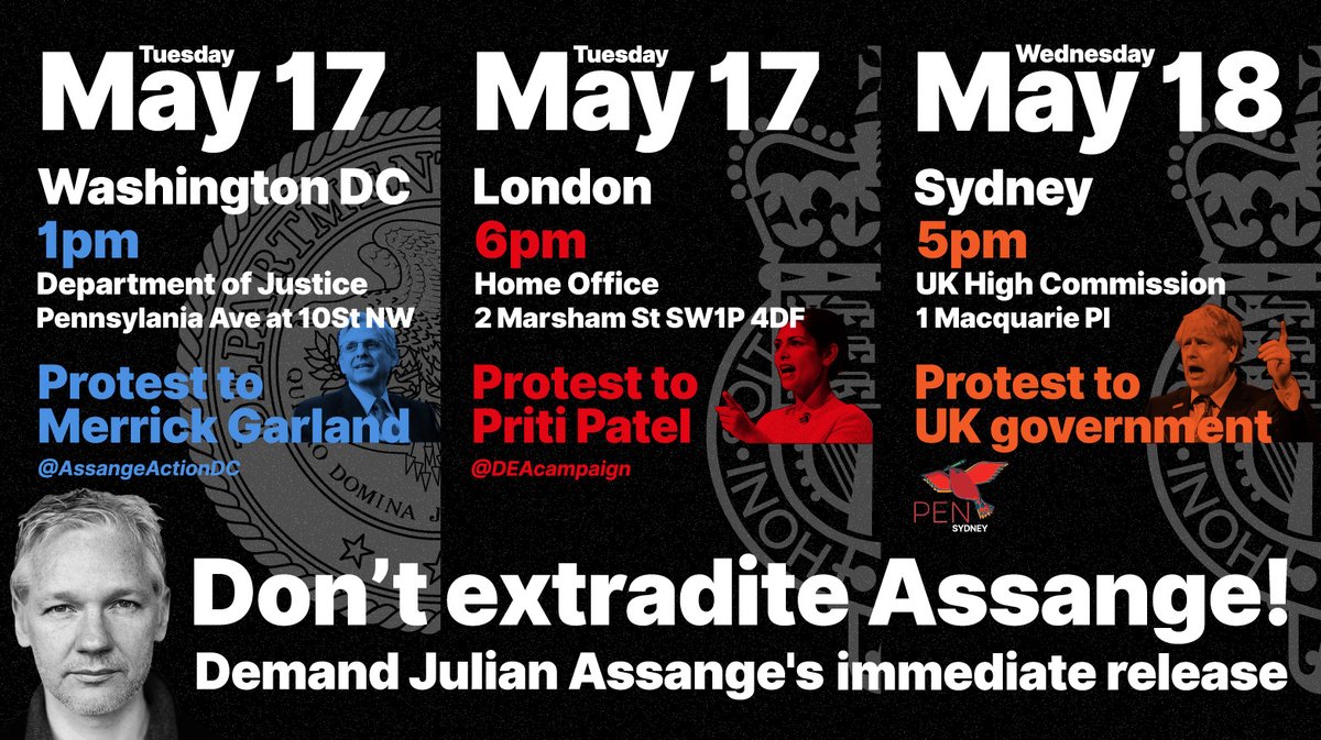 SomersetBean's tweet photo. Don't extradite Assange! Demand Julian Assange's immediate release. Join the protests:
👉MAY 17 Washington DC, 1pm DoJ 
👉MAY 17 London, 6pm Home Office 
👉MAY 18 Sydney, 5pm UK High Commission
#FreeAssangeNOW #NoExtradition #DropTheCharges https://t.co/kzPpAfwS26