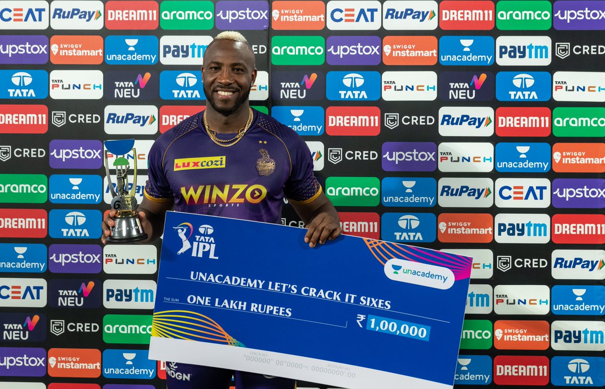 IPL's tweet image. Unacademy Let&apos;s Crack It Sixes of the Match between @KKRiders and @SunRisers is Andre Russell.

#TATAIPL @unacademy #LetsCrackIt #KKRvSRH