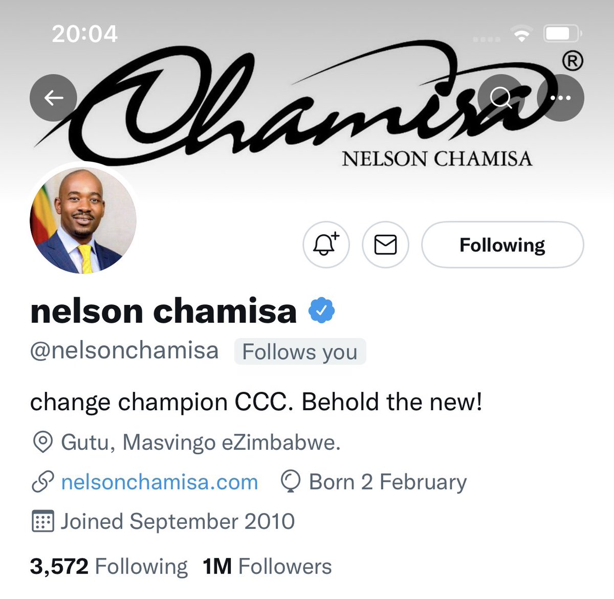 Guys, <a href="/nelsonchamisa/">nelson chamisa</a> is the first Zimbabwean politician to have 1 million people following him on Twitter. 

It is all down to you!

We didn’t even need to wait for midnight!

Now let us get the young people to register to vote!

Have a lovely good evening!