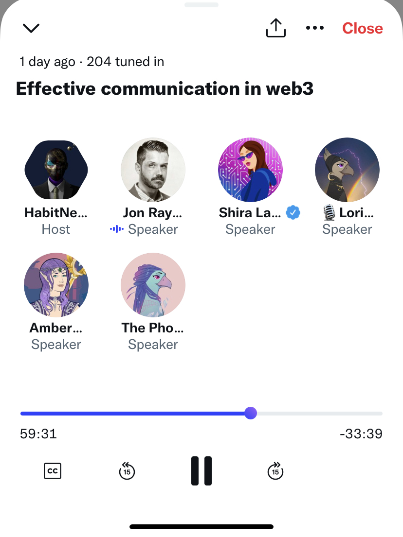 jonray's tweet photo. Great Space on Effective Communication in Web3... 

Speaking about pain being a major opportunity when seen through right lens.

+ tons of great insight on mindful habits w/ @habitnest @thephoenixesnft @shiralazar @lorigraceaz @AmberShae1111 

Listen ==> https://t.co/8qEfzfElEd https://t.co/ZvZ9t8GNyD
