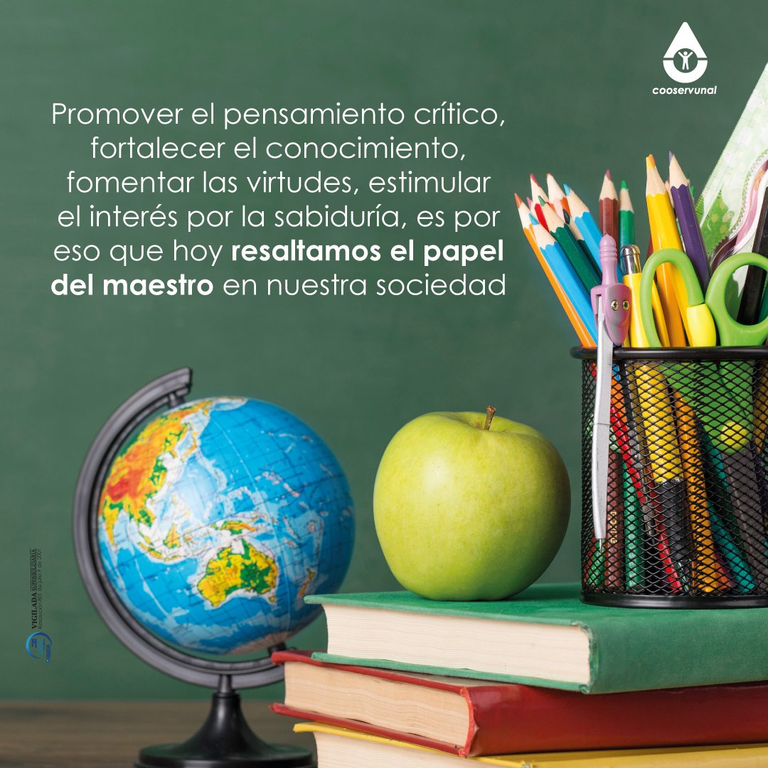 cooservunal's tweet photo. Para #Cooservunal es muy importante resaltar el valor y la importancia que tienen todas las profesiones y oficios, para el desarrollo de la sociedad; dentro de ellas está el papel que cumple el #Maestro👩‍🏫👨‍🏫 en la formación de nuestra juventud.
 #Cooperativa #Educación https://t.co/jlqdMnhVhC