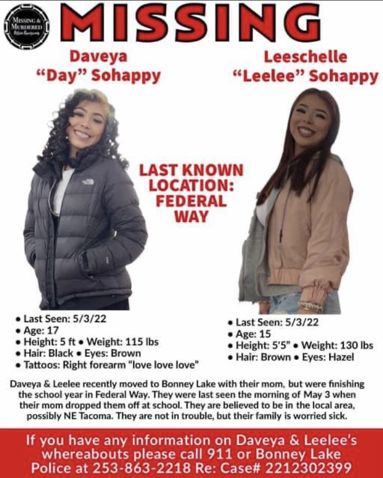 🛑MISSING🛑
DAVEYA & LEESCHELLE SOHAPPY

If you have any information on Daveya and/or Leeschelle or their whereabouts please contact us directly at MMIW USA or Bonney Lake Police
#mmiw #mmiwusa #mmiwg #missingandexploitedchildren #findourmissing #washington #NativeTwitter