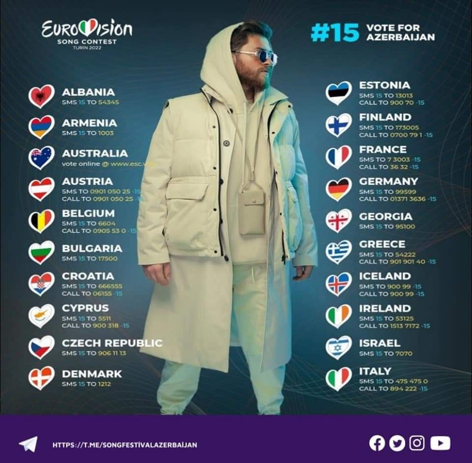 dunyamal_aga's tweet photo. Dear Azerbaijanis living in the world. Let's vote and support our representative tonight. Let Azerbaijan, the Land of Fire, host this great competition next year. Please #votefor15 ❤️🙏🇦🇿
Good luck 🔥 https://t.co/769FDefxHG