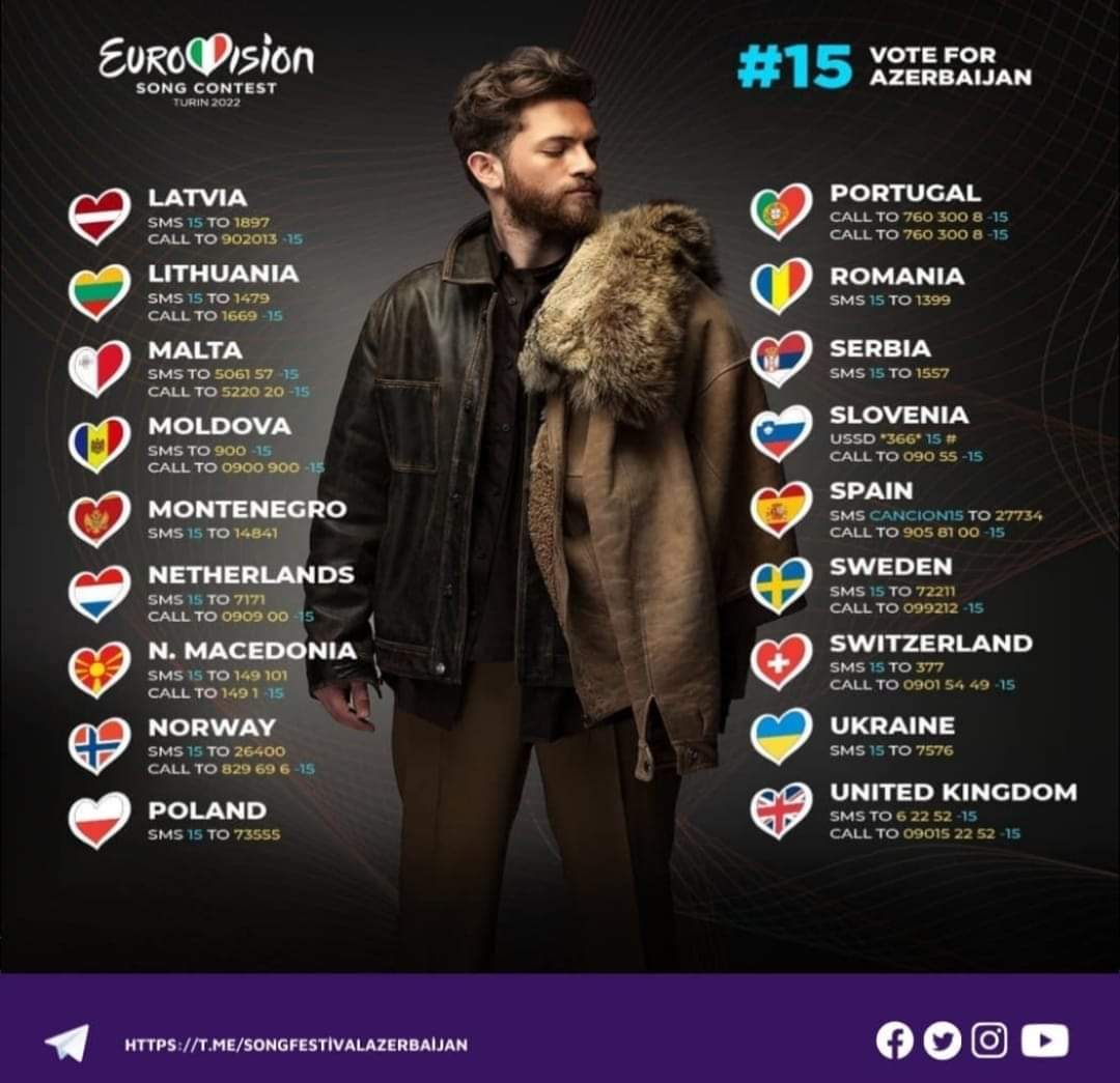 dunyamal_aga's tweet photo. Dear Azerbaijanis living in the world. Let's vote and support our representative tonight. Let Azerbaijan, the Land of Fire, host this great competition next year. Please #votefor15 ❤️🙏🇦🇿
Good luck 🔥 https://t.co/769FDefxHG