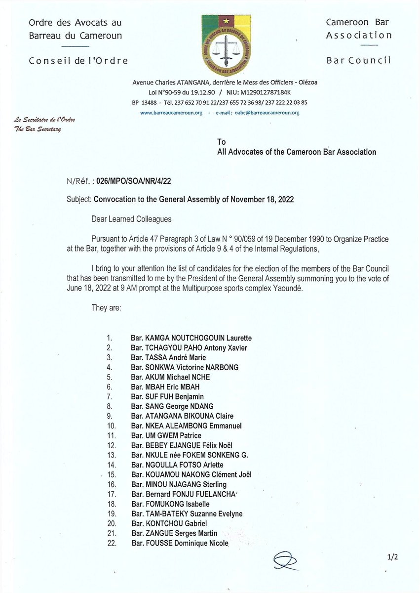 DrPaulCHIY's tweet photo. #CameroonBarElections scheduled for 18 June 2020: Just over 3600 Barristers to elect General Assembly President and General Assembly Vice President then 15 members of council from 50 Candidates. The 15 Council members will elect the next President of the Cameroon Bar (Batonnier). https://t.co/yNhZQNy0GW