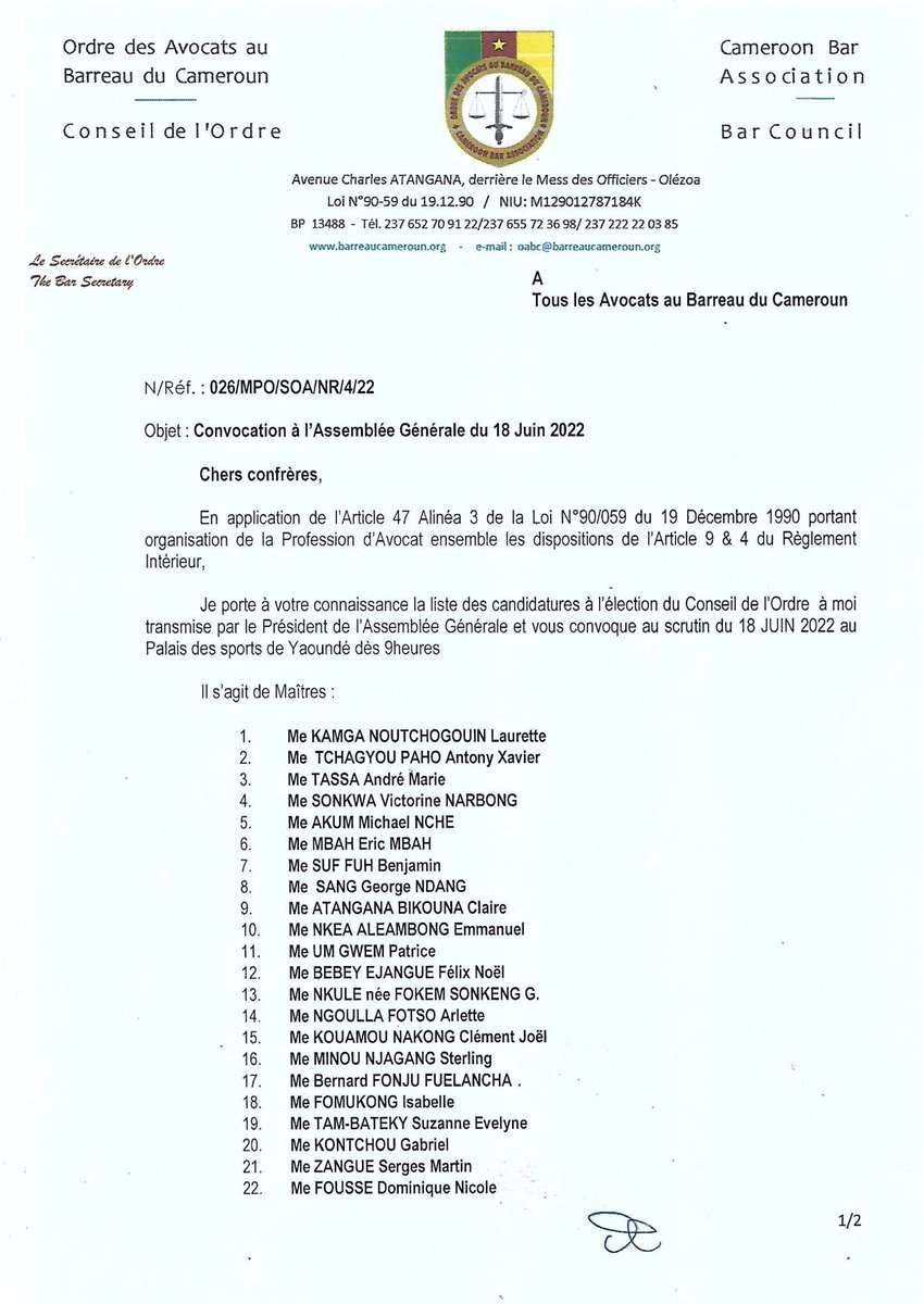 DrPaulCHIY's tweet photo. #CameroonBarElections scheduled for 18 June 2020: Just over 3600 Barristers to elect General Assembly President and General Assembly Vice President then 15 members of council from 50 Candidates. The 15 Council members will elect the next President of the Cameroon Bar (Batonnier). https://t.co/yNhZQNy0GW
