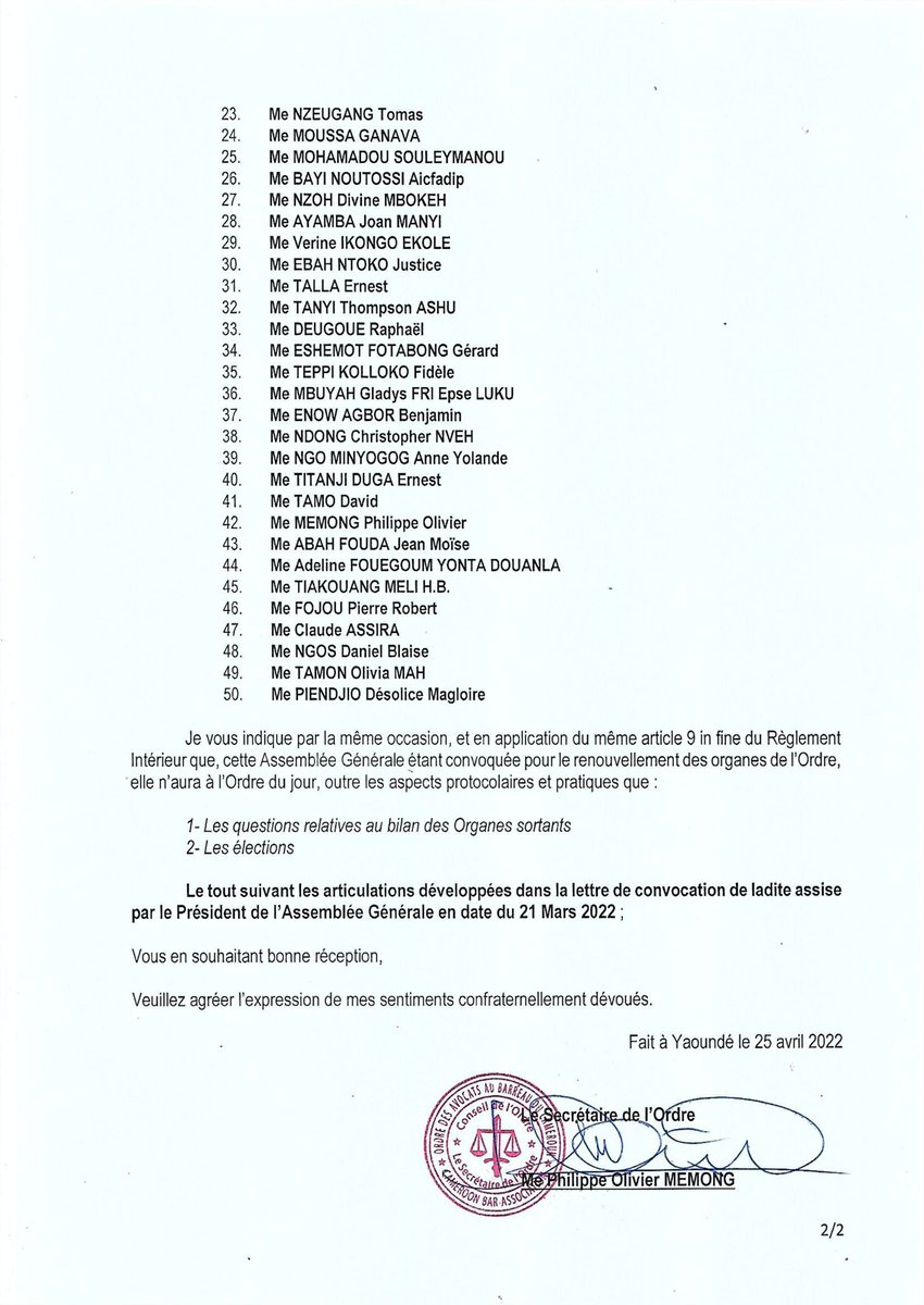 #CameroonBarElections scheduled for 18 June 2020: Just over 3600 Barristers to elect General Assembly President and General Assembly Vice President then 15 members of council from 50 Candidates. The 15 Council members will elect the next President of the Cameroon Bar (Batonnier).