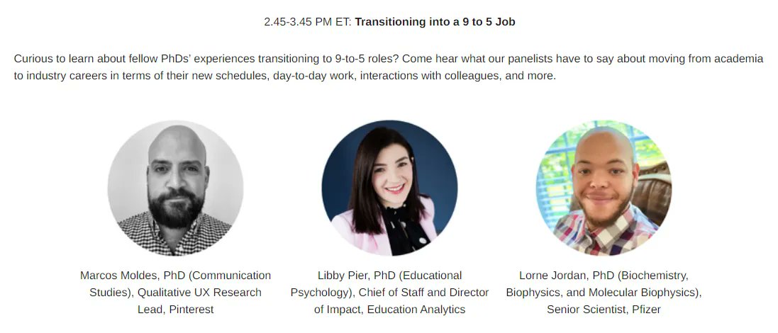 BeyondProf's tweet image. Last panel of our annual online career conference! And one you don't want to miss.... what's it *actually* like working in a nonacademic position? Turn your assumptions into questions and come ask our awesome panelists.

#beyondprof #altac #AcademicTwitter