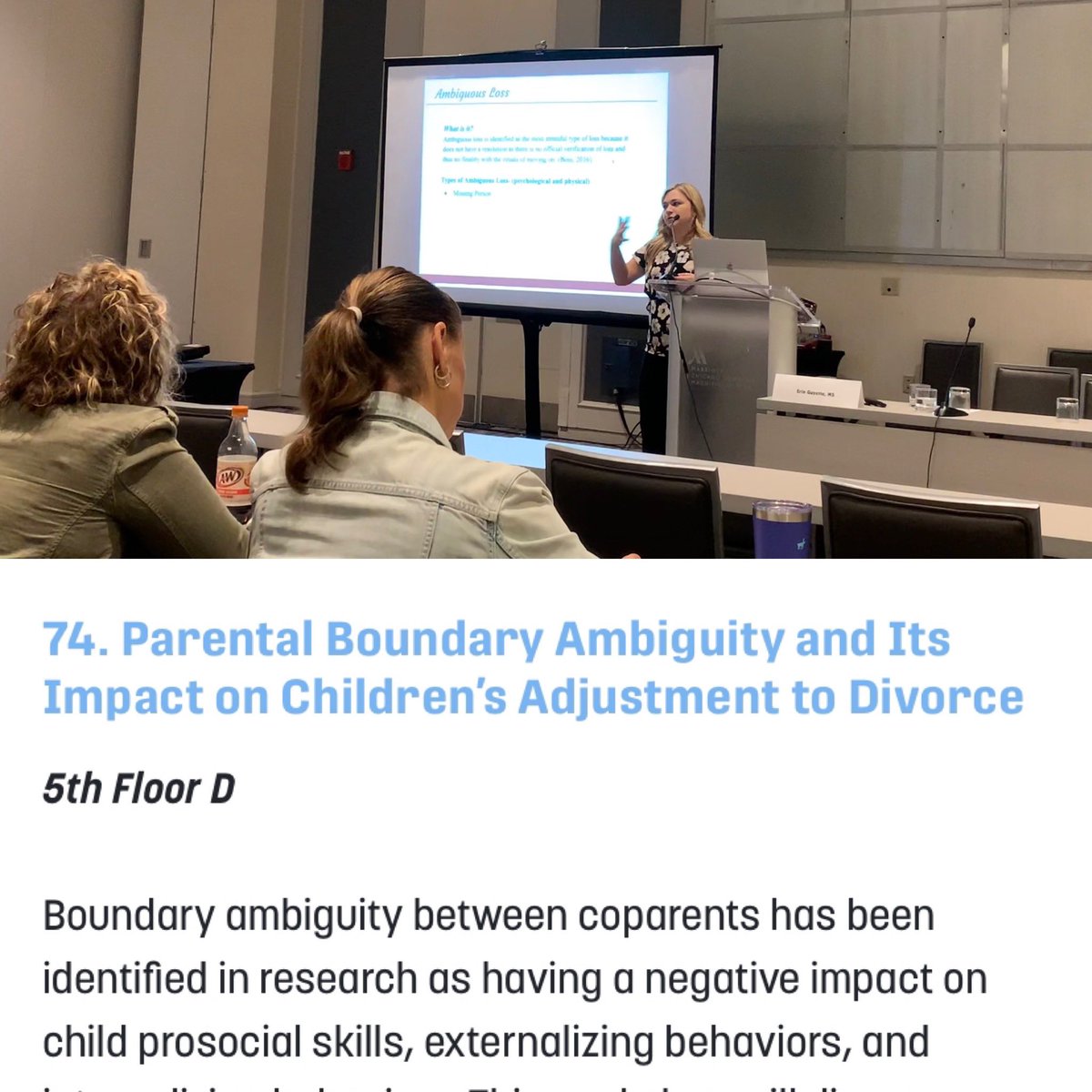 DocFerraro's tweet photo. Really enjoyed hearing about boundary ambiguity post-divorce and it’s impact on children’s adjustment, featuring current @UMNews doctoral student and @KStateAHS alum Erin Guyette. Great way to finish out #AFCC59 https://t.co/cmE5ugCyon