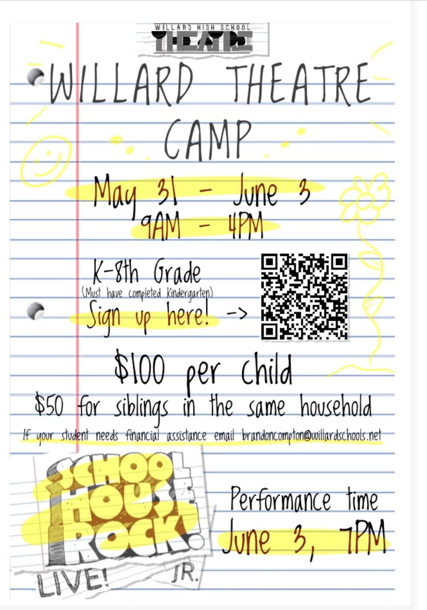We are excited to invite Willard students to our 4 day theatre camp at Willard High School Theatre hosted by WHS high school Thespians!  Reservations are open for all Willard students that will have just finished Kindergarten thru 8th grade.