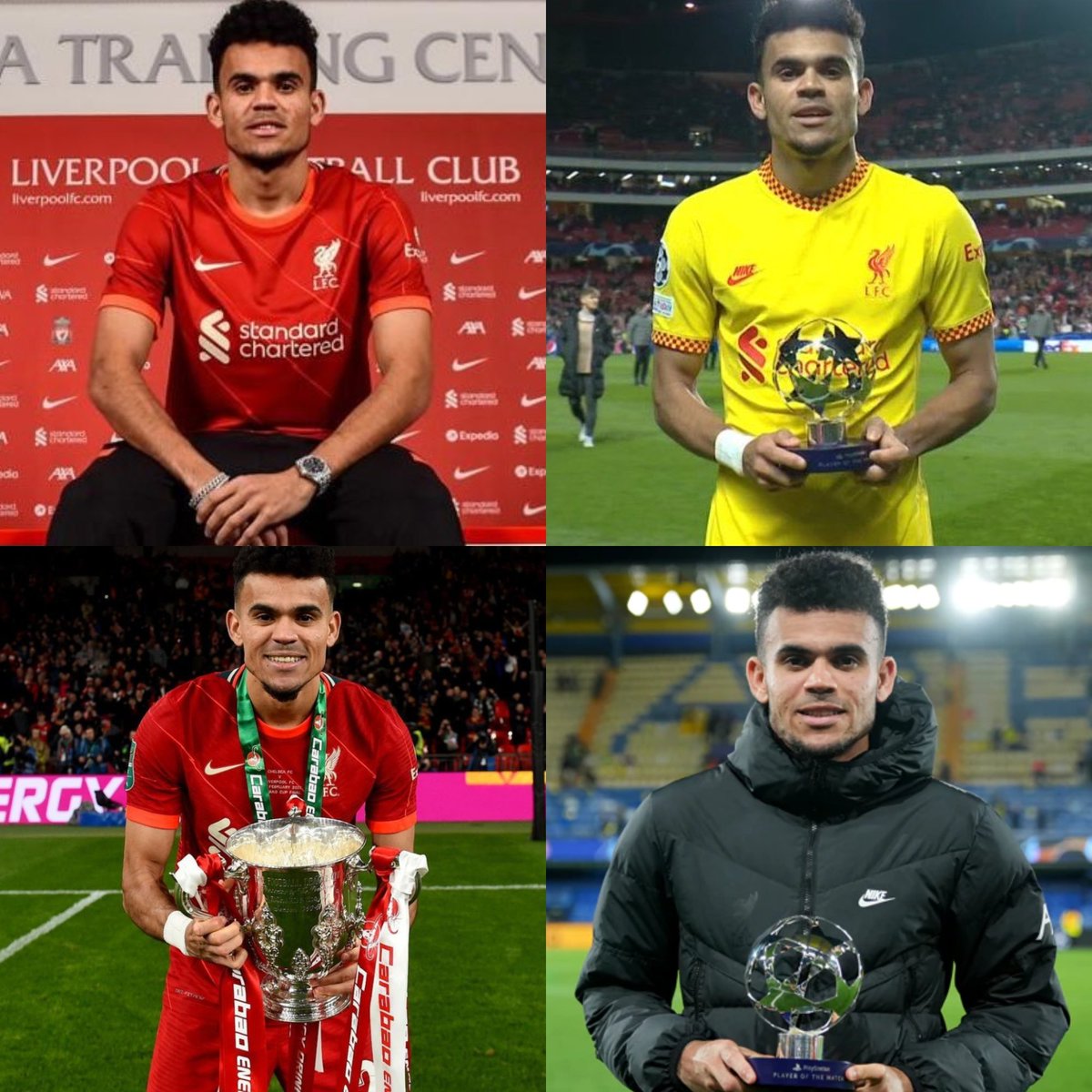InvictosSomos's tweet photo. Luis Díaz en 105 días con Liverpool:

➤ Campeón de FA Cup.
➤ Campeón de Carabao Cup.
➤ Finalista de Champions.
➤ MVP en los cuartos de Champions.
➤ MVP en semis de Champions.
➤ Ya marcó en El Clásico ante el United.
➤ Ya asistió en El Derbi ante Everton.

SEÑOR FICHAJAZO. https://t.co/Xx88eJrVap
