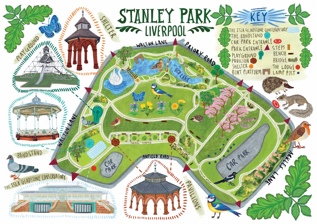 Happy Birthday Stanley Park! #OTD in 1870 the park was opened by the Mayor of Liverpool, Joseph Hubback. Our beautiful illustrated map created by @laurakatedraws shows how the park has changed in the last 152 years 🌳