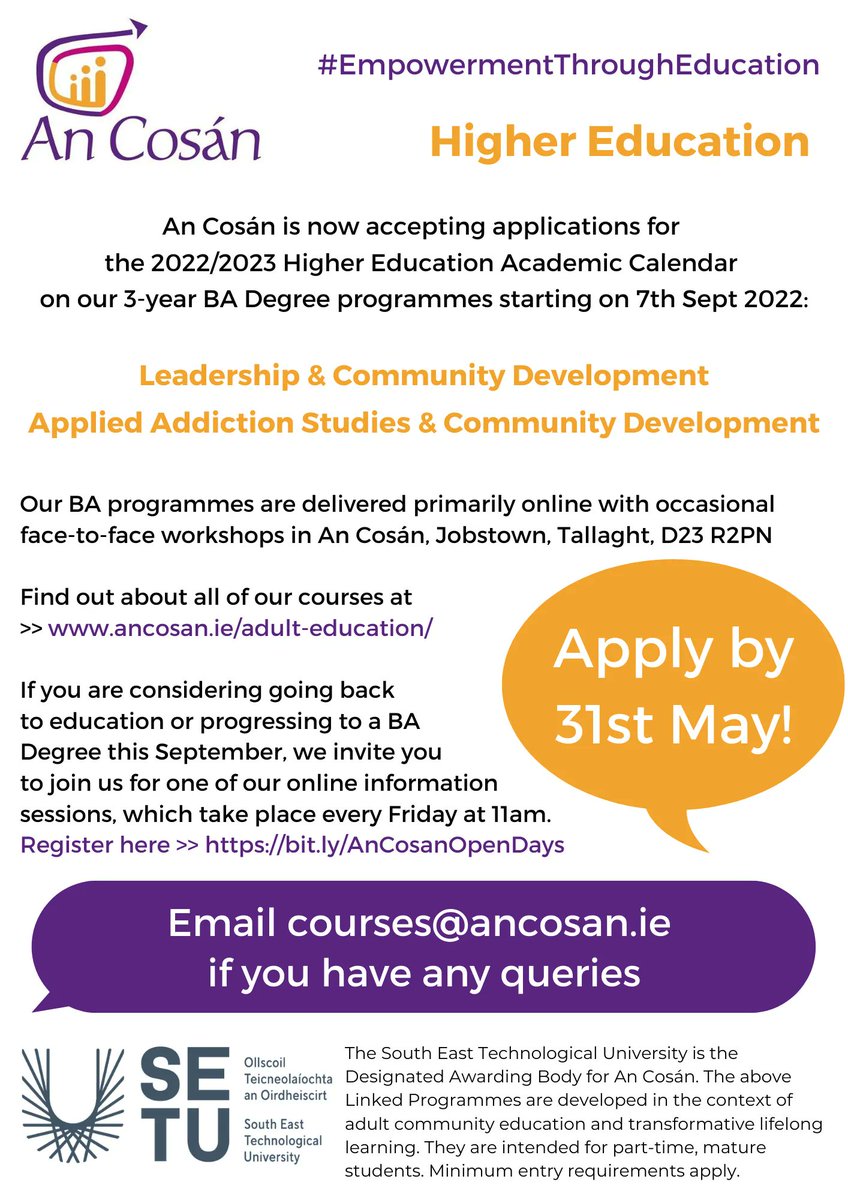 an_cosan's tweet photo. Are you thinking of applying for our BA in 'Applied #AddictionStudies &amp; #CommunityDevelopment' or '#Leadership &amp; Community Development'? If so, you need to APPLY SOON! The closing date is 31st May >> https://t.co/0DHBFD56Fk

#AdultEducation #CommunityEducation #LifelongLearning https://t.co/vqanhn4Sxh