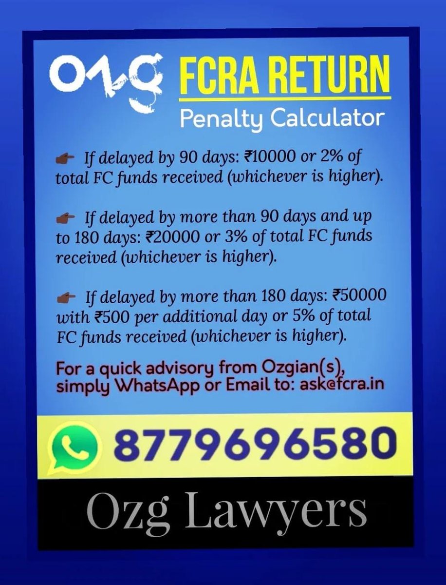 FCRAconsultant's tweet photo. Go to โ๏ธ https://t.co/c0OQU2O4Od
#FCRAreturn Penalty Calculator
Chat ๐ฒ https://t.co/eq6cgT4A0B
โ๏ธ https://t.co/2pgJ9xDrkP
#OzgLawyers #FEMAconsultant #OzgLaw #IndianNGO #FCRAregistration #FCRAConsultant #ozgfinance #FCRArenewal #FCRA #PMLA #NRIdonation #moneylaundering https://t.co/dIqWOXCw4F