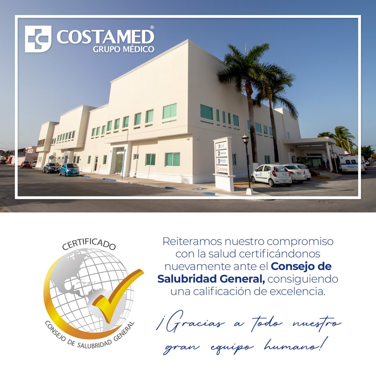 ¡Somos un Hospital con certificación del Consejo de Salubridad General!✨

Este logro es gracias a todo el gran equipo de trabajo que conforman a nuestro Hospital, muchas felicidades a todos❤️

#Costamed #SiempreCercaDeTi #HospitalSeguro #Salud