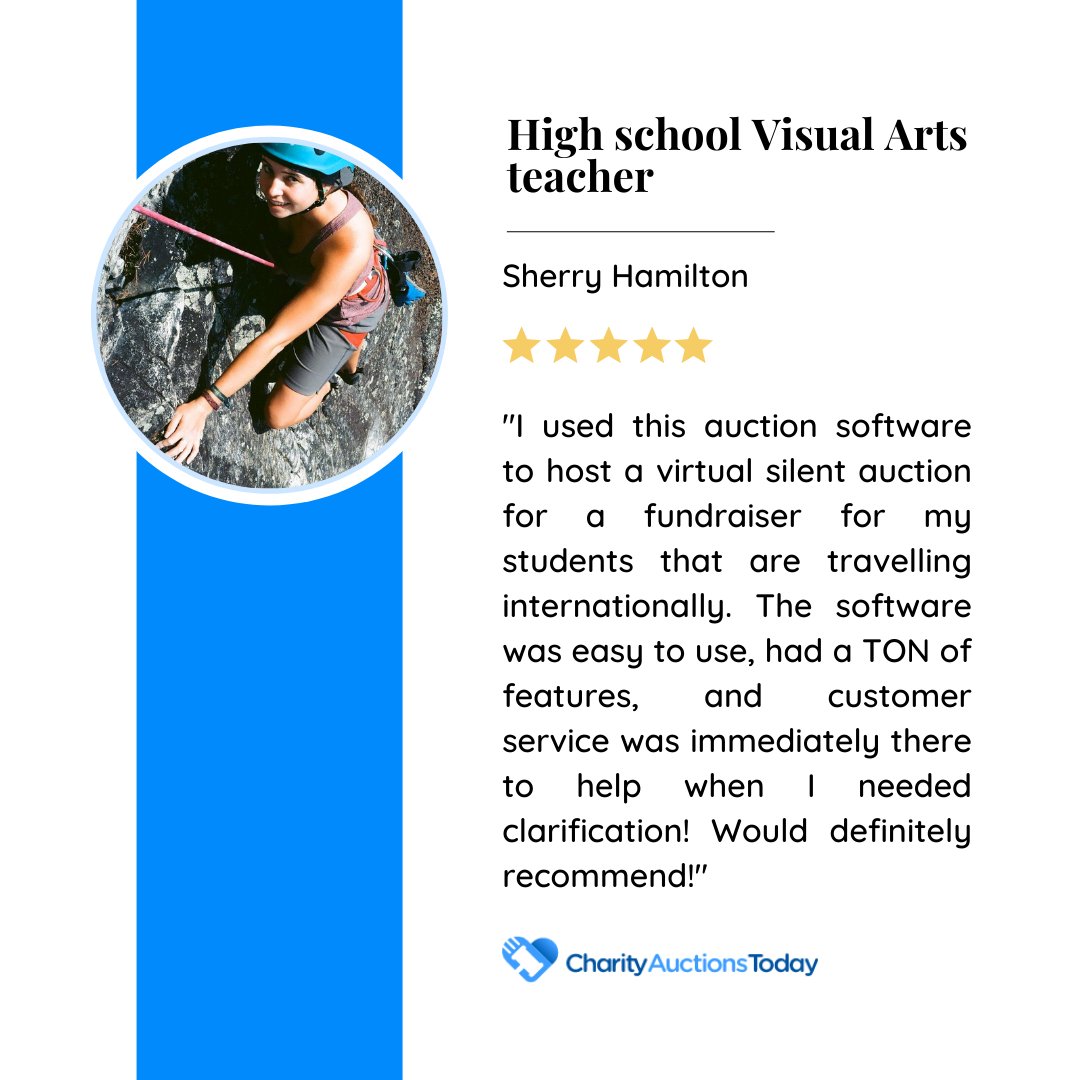 BidToday4Good's tweet photo. We are so happy high school teacher Sherry was able to accomplish her goal! π
If you have a #fundraisingproject too, set up your auction with us π https://t.co/dgbsY78wUg
#fundraisingforacause #school #teacher https://t.co/MTMmUWNpf7
