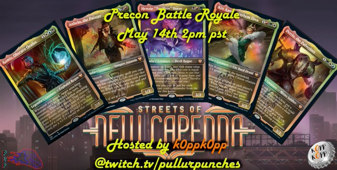 EL_CHURROVT's tweet photo. Today at 5 pm EST @PullUrPunches will be hosting their first event and we have our families:
@RuinCrab as #Cabaretti
@sporef4g as #Riveteers
@YaeliEz as #Obscura
@Peppsickle as #Maestros
Which #precon will come out on top!?
https://t.co/nXx9F16f4A
#MTGCapenna #MTG #EDH https://t.co/3FXvXZjPYP