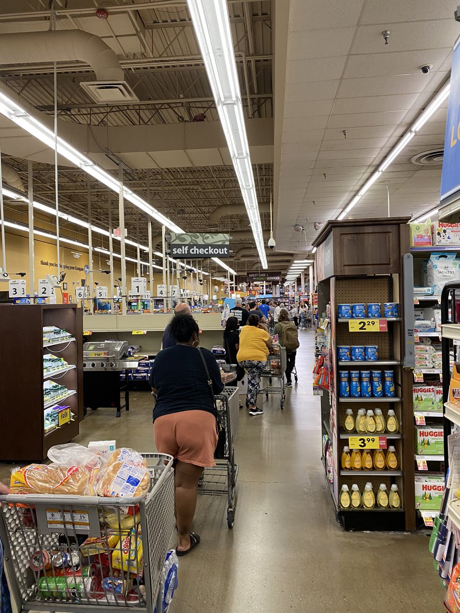 indypedsrn's tweet photo. @kroger what the Sam Hell is going on? 2 cashiers and 6 self check out lines. One line goes all the way back to the meat department and this line goes back all the way to frozen section. I won’t be back!!!! Avoid Kroger in Indianapolis on 10th and Shortridge….. https://t.co/1LRshEWREl