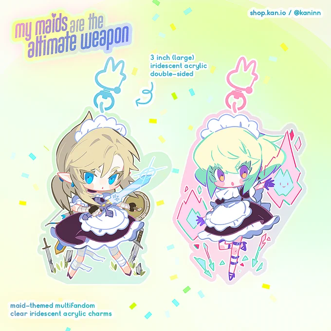These little maids are printed on rainbow iridescent acrylic, paired with candy-colored bunny clasps! 💗 