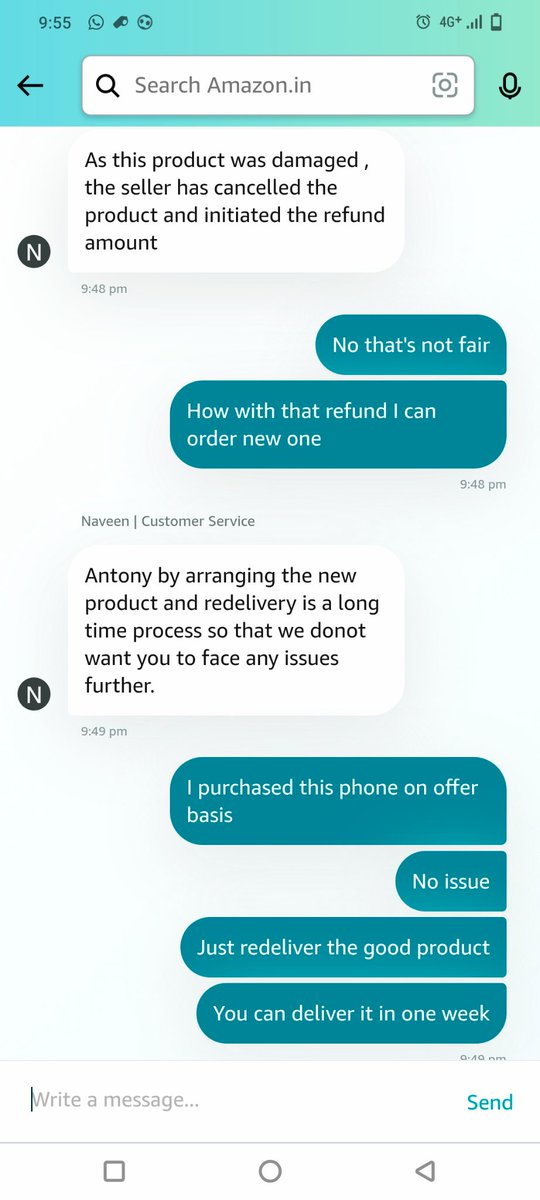 antony2006's tweet photo. @amazonIN @amazon  have a serious look into this issue.
Selling phones in offer period and cancelling the order after offer period,till then full amount,in this case around 27000 is with you still refund credited in customers bank account.
Am attaching the chats here 1/2 https://t.co/UIZLjHhA7s