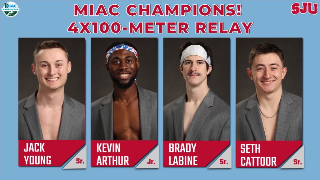 MIAC CHAMPIONS! Congrats to SJU's 4x100-meter relay team (Jack Young, Kevin Arthur, Brady Labine, Seth Cattoor), which won the conference title in 41.53 seconds! 

The championship is the Johnnies' 3rd in the event in the last 4 seasons.

#GoJohnnies #d3tf