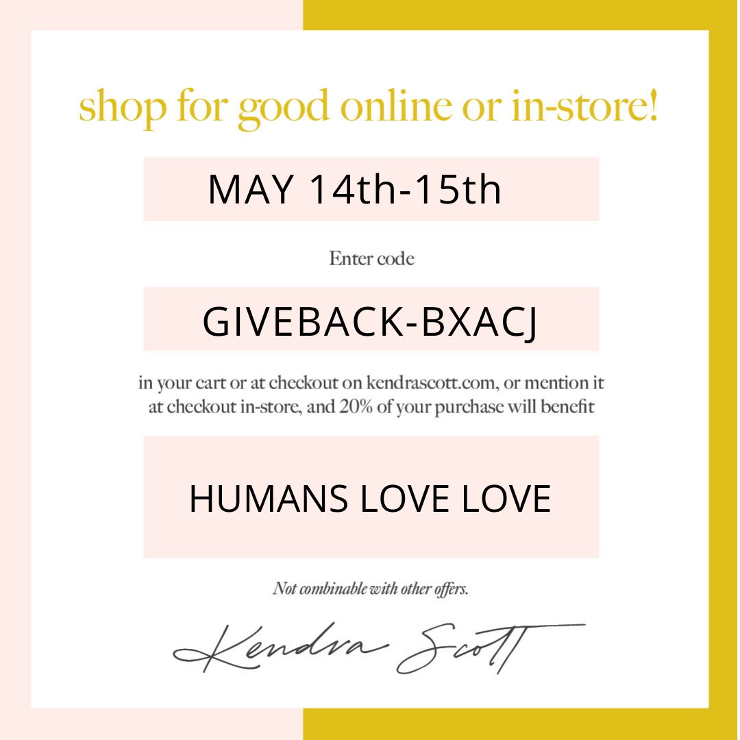 humanslovelove's tweet photo. Shop online @KendraScott today and tomorrow! 20% of all proceeds will go toward the Humans Love Love Foundation. 

We create grants for various mental health resources to help bridge the gap between those in need and those who can help. https://t.co/l4XwTto3ym