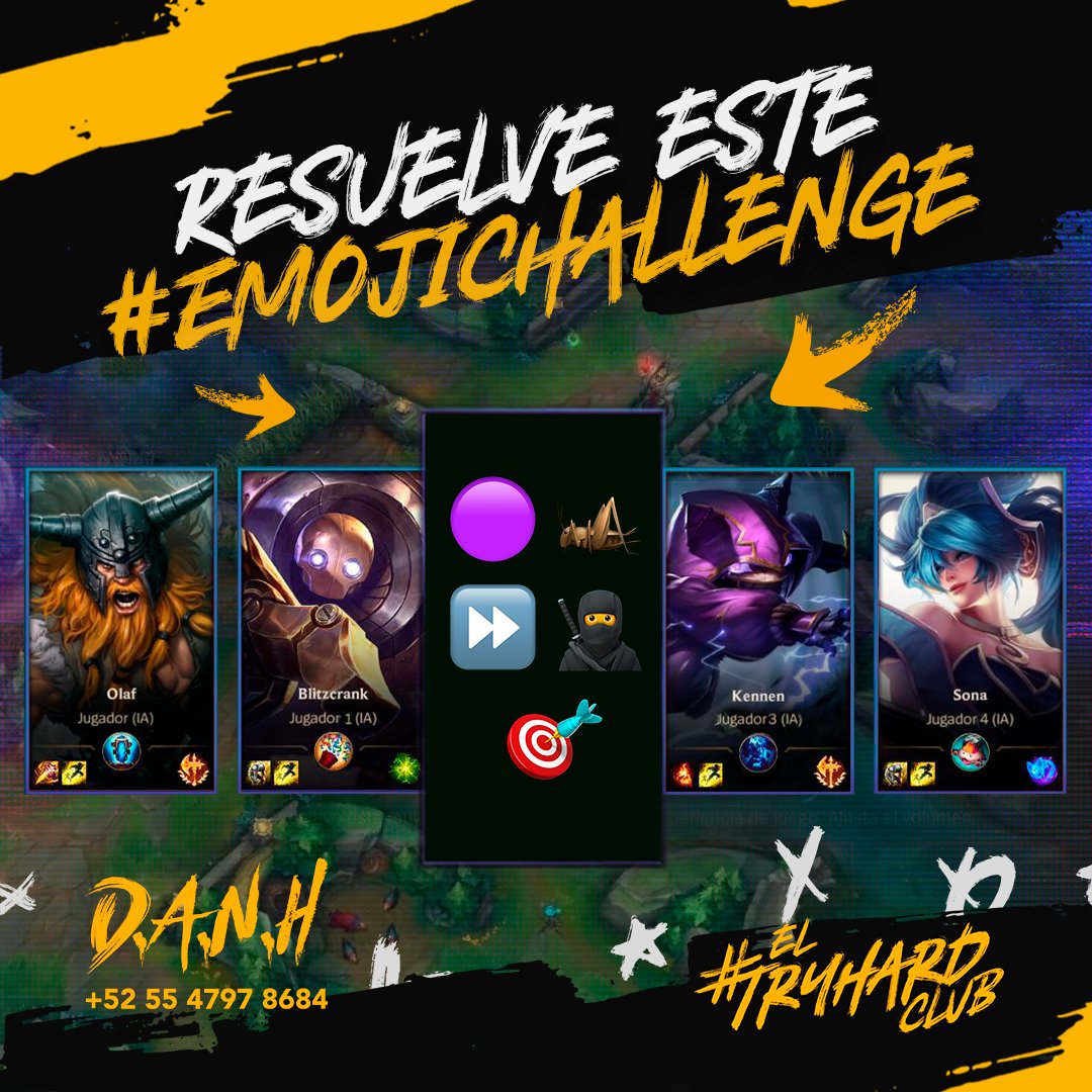 wildriftLATAM's tweet photo. ¡Resuelve este #EmojiChallenge y farmealos a todos! Escríbele al tío #DANH 📲 https://t.co/dm77Jtpaat y súmate al #EmojiChallenge
#ElTryHardClub https://t.co/athb7iM6TZ